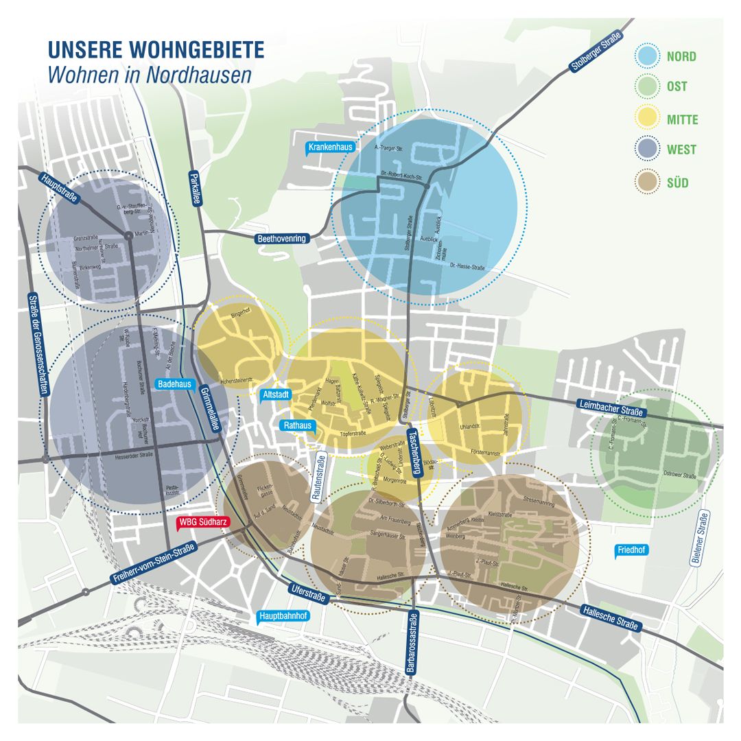 Werbeagentur Landsiedel Müller Flagmeyer, Nordhausen: WBG Wohnungsbaugenossenschaft Südharz eG Flyer Stadtplan