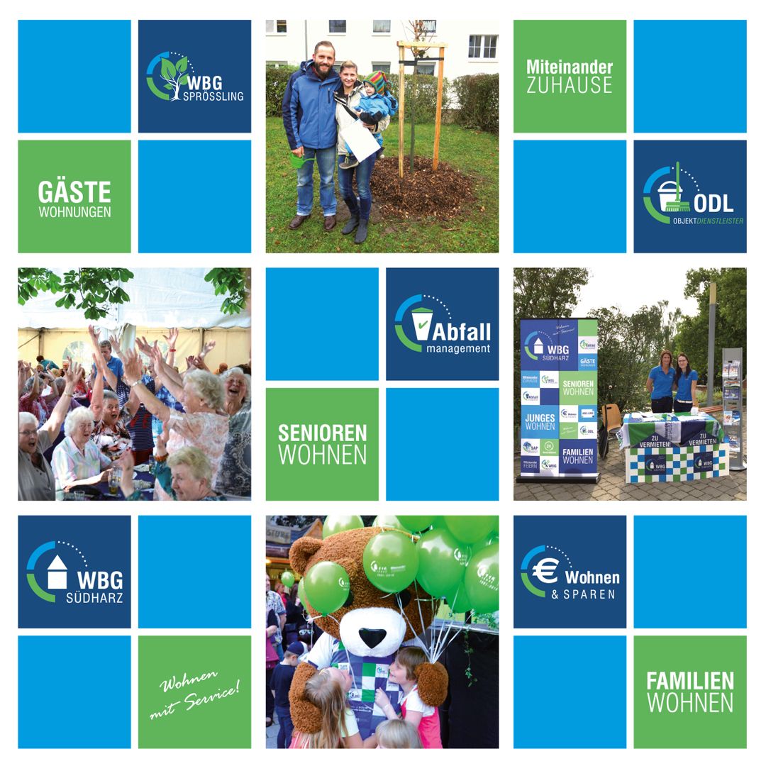 Werbeagentur Landsiedel Müller Flagmeyer, Nordhausen: WBG Wohnungsbaugenossenschaft Südharz eG Flyer Rückseite mit Kacheln, Quadraten